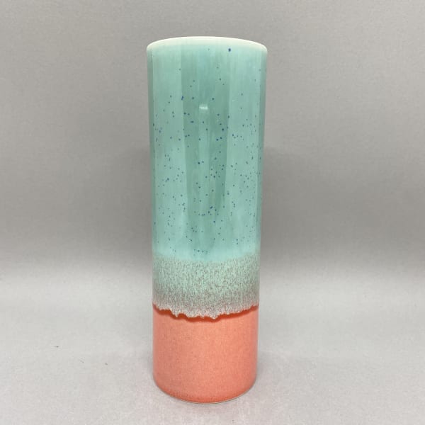 Yuta Segawa tall cylinder shaped vase in duck egg blue with rich apricot base