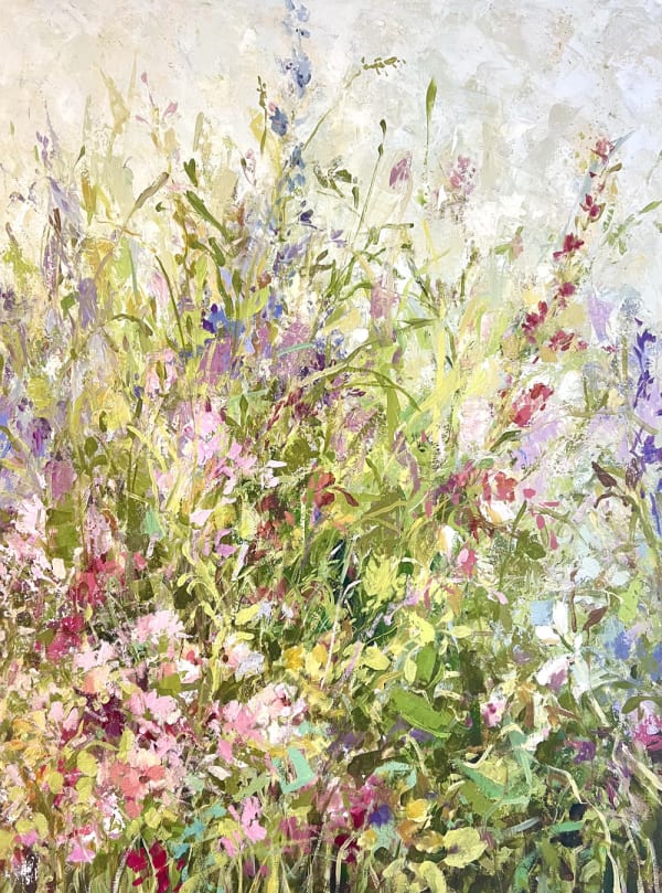 Fletcher Prentice oil on canvas painting of a floral border, showing multicoloured abundant wildflowers against a pale blue background