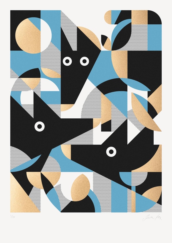 Jim Fox silkscreen print of three wolves, with abstracted shapes in blue, gold and black