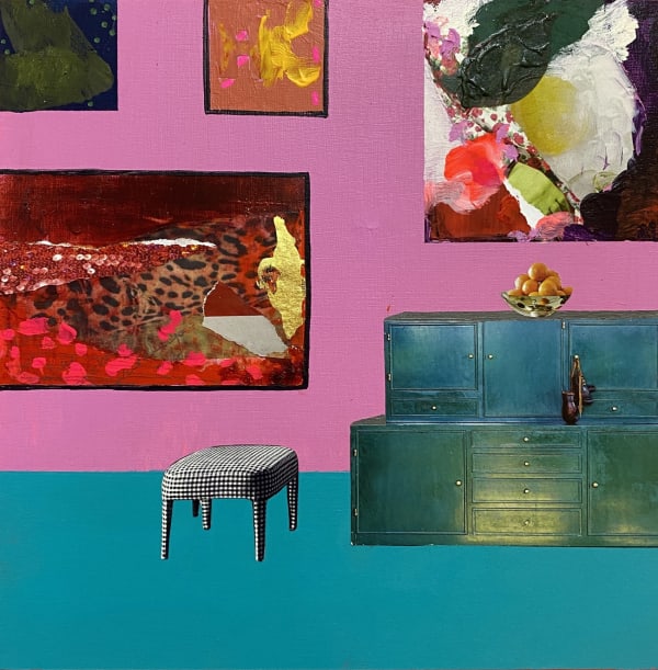 A vibrant, colourful painting by Dawn Beckles of an interior with bubble gum pink wall with abstract artworks and a turquoise blue floor.
