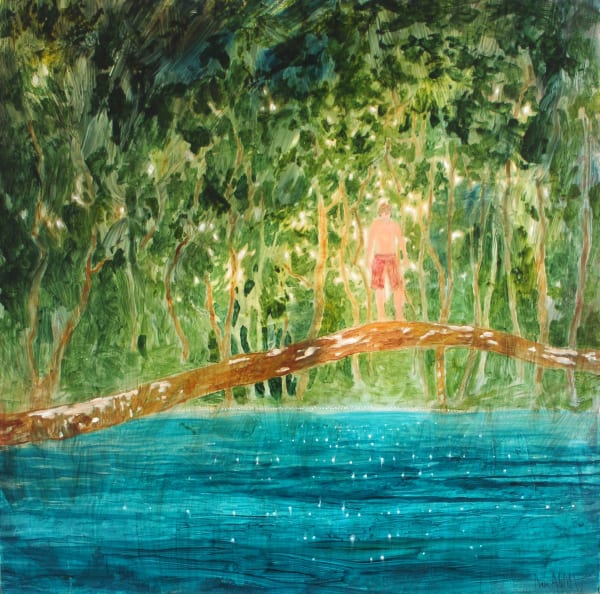 Daniel Ablitt landscape painting of a boy on a branch above a blue river about to jump in