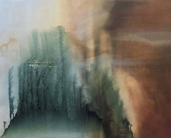 Amy Albright abstract atmospheric landscape in washes of ochre and deep green