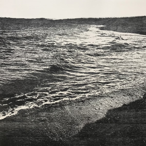 Trevor Price monochrome woodcut print detailing the waves and shoreline in St. Ives