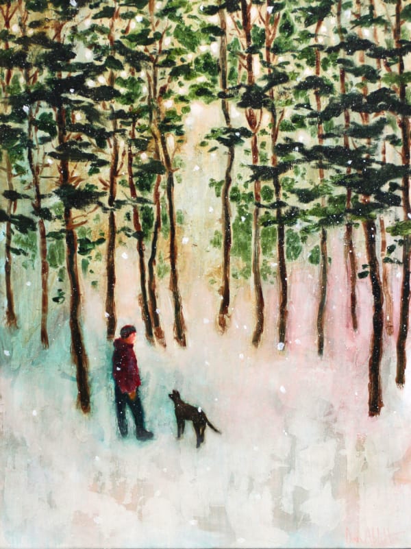 Daniel Ablitt painting of a figure walking through the snow with a dog by their side in a wintery forest landscape