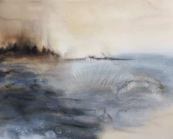 Amy Albright coastal scene with a dramatic grey sea and a ochre trees on the horizon