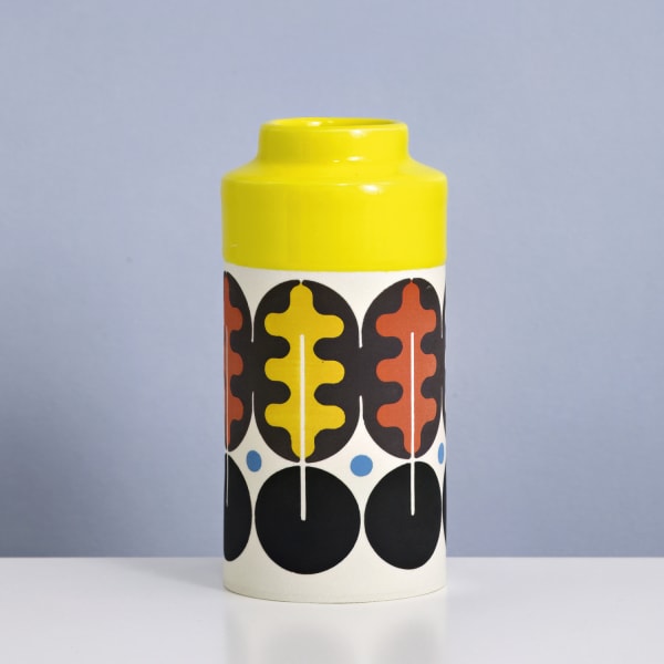 MapMap ceramic cone vase with midcentury modern inspired stencil designs in yellow, red and black