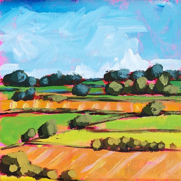Belinda Millar small scale painting of the Cotswolds, Oxfordshire, in colours greens, blues, pinks and golds