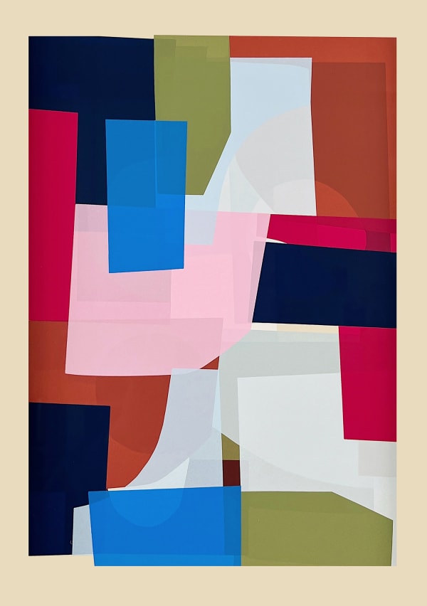 Jonathan Lawes abstracted silkscreen print of layered semi circles and oblongs in browns, blues, pinks, and reds
