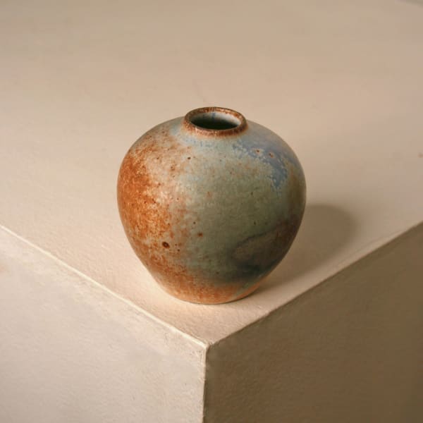 Atilla Olah ceramic mini bowl in a variety of blue, green, grey and copper glaze colours