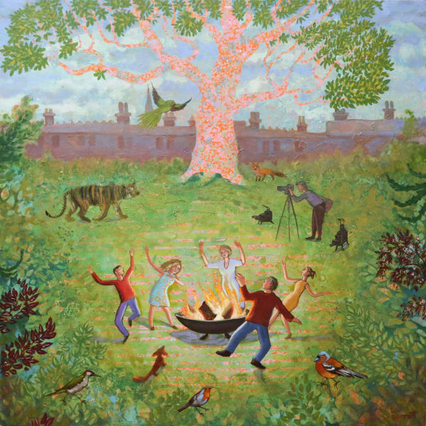 Mychael Barratt oil on panel painting satirically depicting mythological archetype 'The Tree of Life' - a large tree with a pink, blue, orange and green spotted trunk & branches towers over a family dancing joyously around a campfire in a metal fire pit w