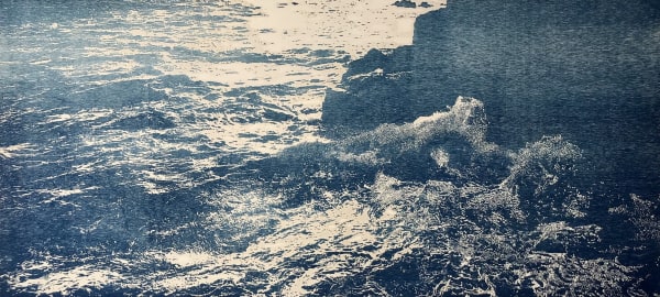 Trevor Price woodcut at Sarah Wiseman Gallery, highly detailed landscape image of the sea and cliff in midnight blue