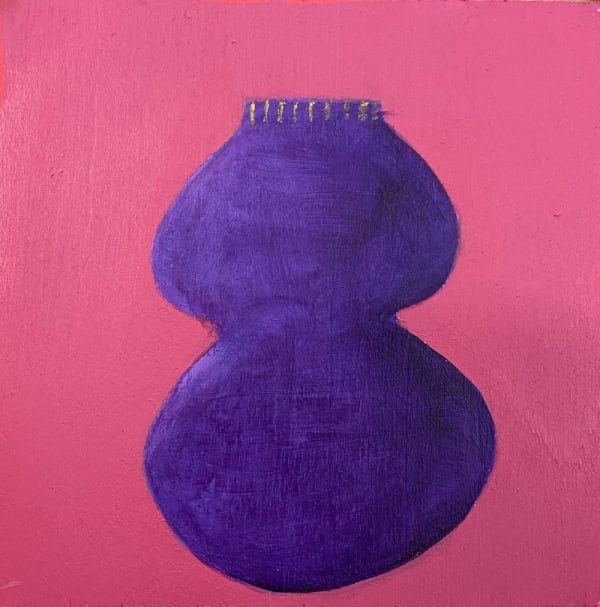 A tiny painting in vibrant colours by Dawn Beckles of a grape purple vase against a pink background.
