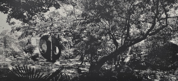 Trevor Price highly detailed drypoint in black and white of large sculpture and tree in Hepworth's Garden