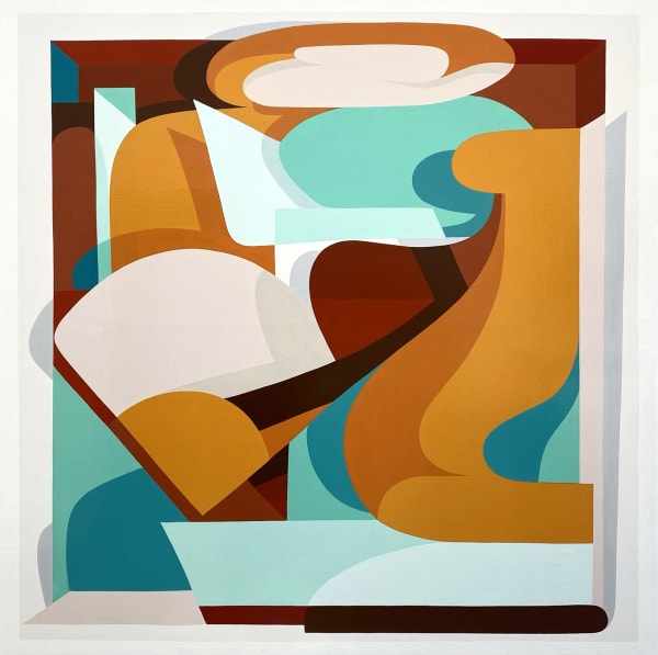 Kleiner Shames abstract painting in aqua and oranges at Sarah Wiseman Gallery