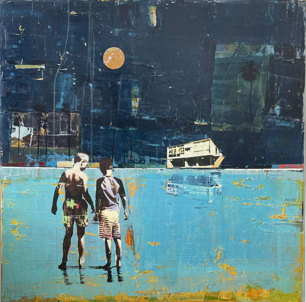 Dan Parry Jones painting at Sarah Wiseman Gallery two boys stand on the shoreline with a large house in the distance