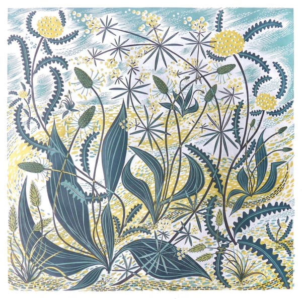 Angie Lewin busy print showing untamed plants growing wildly from the ground in blues, greens and a yellow ground.