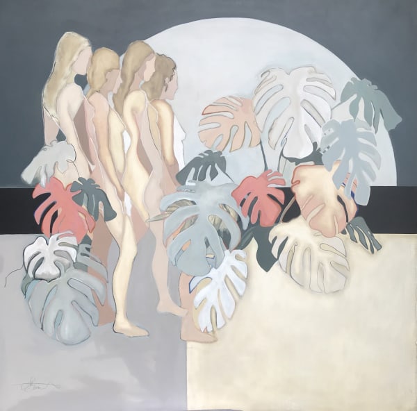 Clare Bonnet oil painting of four nude women standing in a line, admiring a Cheese Plant in pastel pinks & blues.