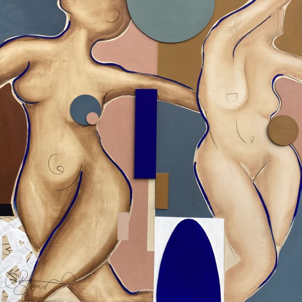 Clare Bonnet painting, two female nude figures dancing against a background of geometric shapes in blues and greens, some overlapping the figures.