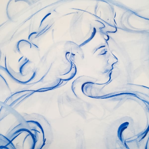 Ottelien Huckin piece showing the upper half of a female and her facial side profile. Painted in royal blue on a cream white background.