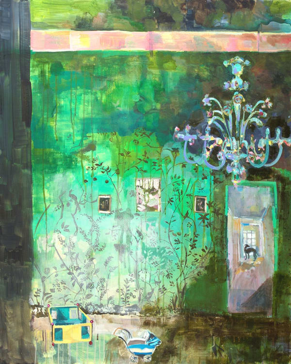 Pen Reid painting of an interior in green, a large chandelier in the ceiling and toys on the floor. A door leading to a light-filled corridor on the right with a dog in the distance.