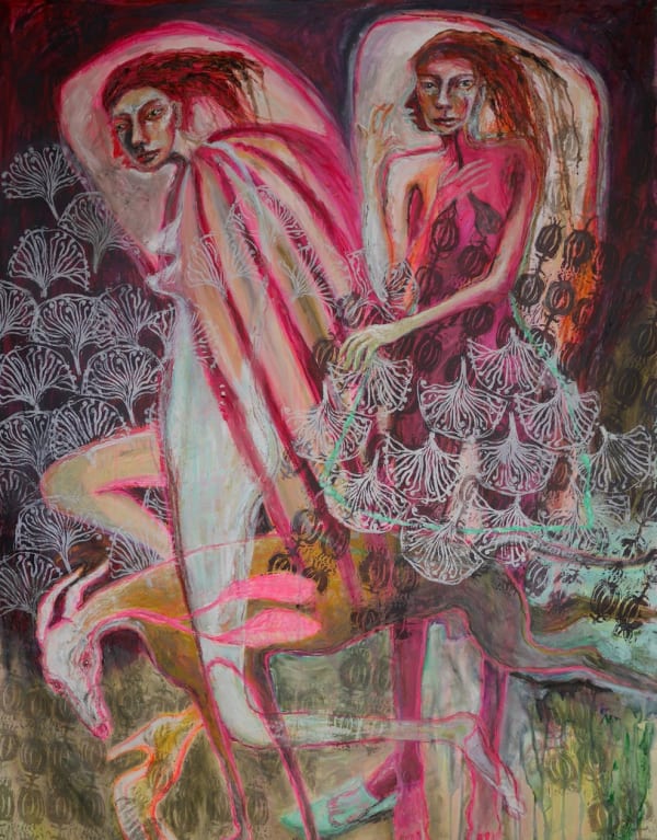 Rebecca Swainston painting of two people lying on the side facing the left, figures of goats and pattern surrounds them. Painted in vivid pinks, oranges and pale blues.