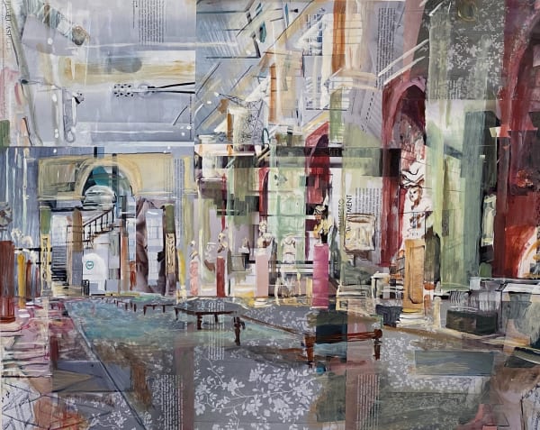 Alison Pullen mixed media piece. A view of a grand hall lined with antique sculpture, colours in verdigris green and deep pink.