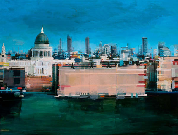 Christopher Farrell cityscape acrylic on canvas painting of a view of St. Pauls from the Tate, painted in a vivid but realistic colour palette.