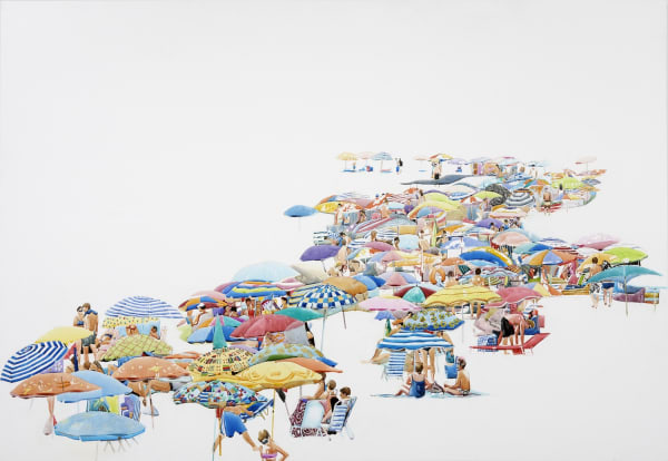 Annabelle Shelton watercolour on titanium painting of the top of several parasols with people beneath them on a white background to replicate the sand and a floating effect.