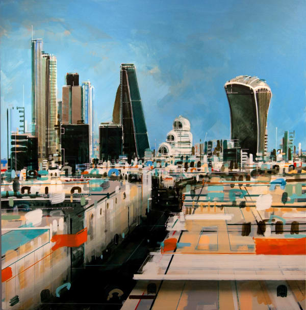 Christopher Farrell cityscape oil on linen painting showing the rooftops of a contemporarily built city.