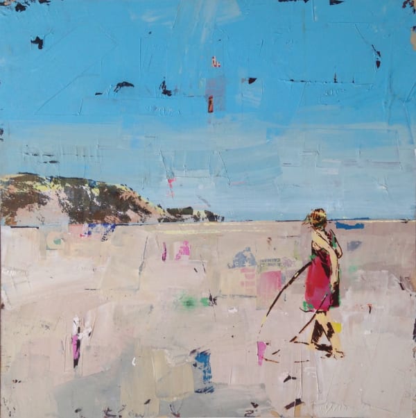 Dan-Parry Jones painting of a little girl in a red dress on the beach seen playing with a hula hoop.