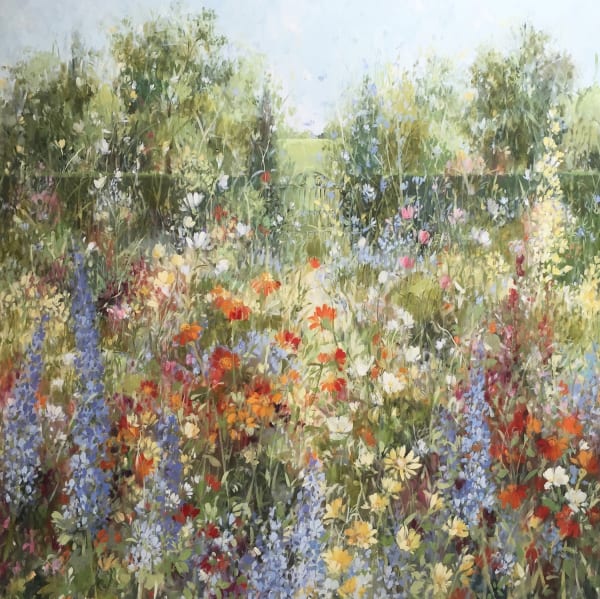 Fletcher Prentice oil painting of tall stems of Tithonias and Delphiniums in lilacs, red and yellows. A luscious green meadow can be seen beyond them.