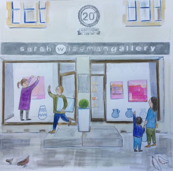 Sarah Lacey drawing of the gallery entrance, artworks visible in the windows and a customer leaving with an artwork under their arm.