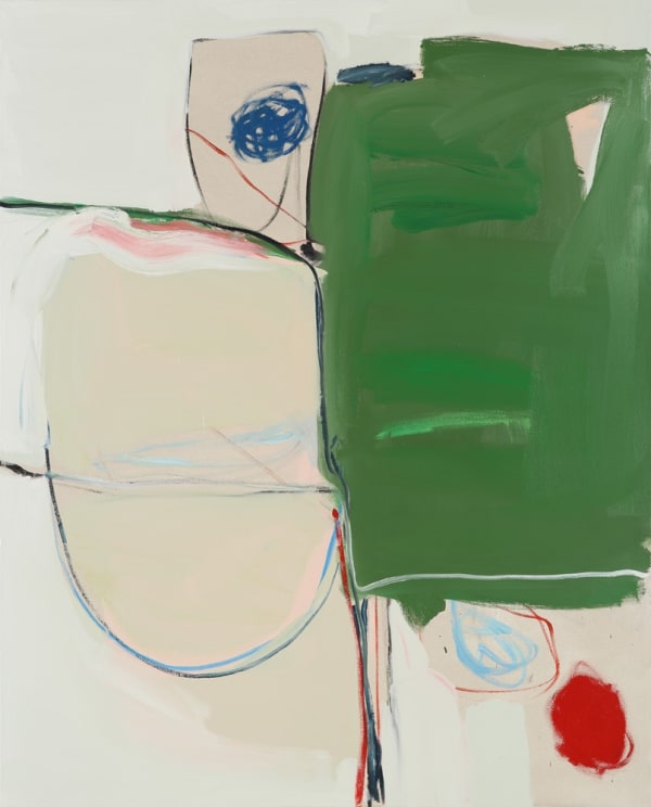 Henrietta Dubrey figurative abstract painting, painted in forest greens, reds and grey toned white.