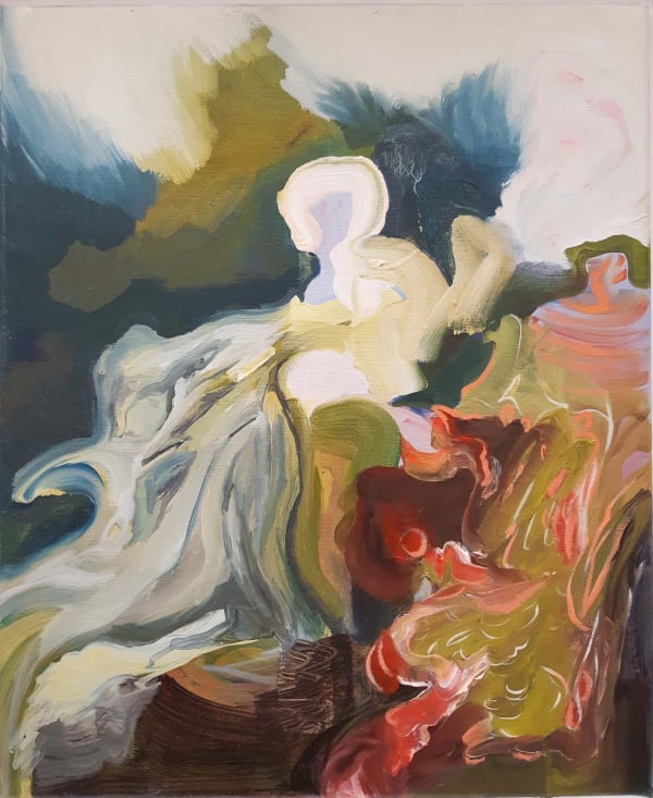 Una D'Aragona figurative abstract painting in greens. blues, peaches, cream and red.