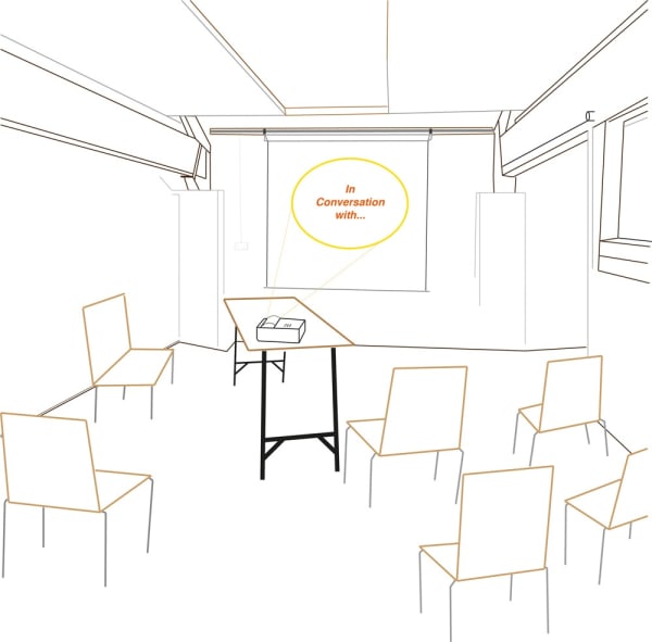 Sarah Wiseman Gallery & OVADA talk poster - showing a minimalist simple straight line drawing of multiple chairs facing towards a table and screen in front of them.