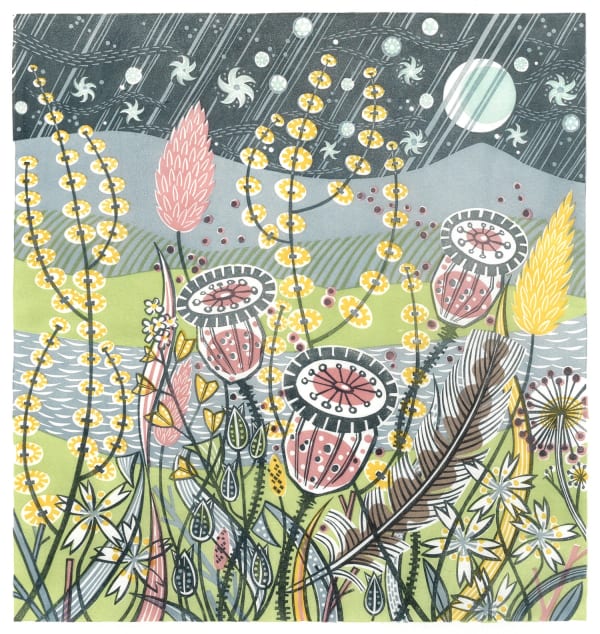 Angie Lewin print of flora and fauna along a night time loch shore, with mountains in the background