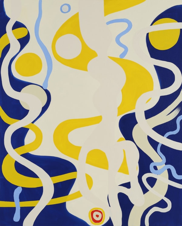 Henrietta Dubrey figurative abstract painting in a Mattisse-esque style, in white yellow and blue.