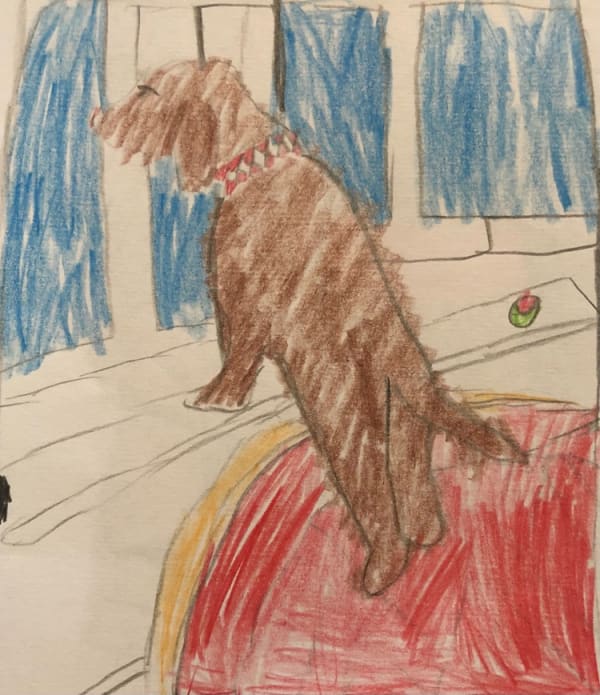 A child's drawing of a small dog looking out of a window