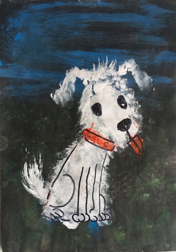 A child's painting of a small white dog against a dark blue-ish black background