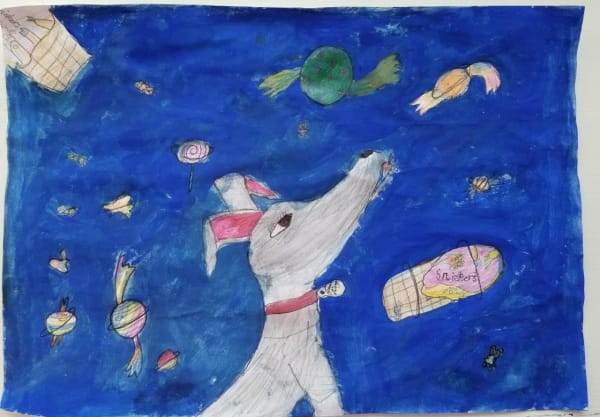 A child's drawing of a dog with a night sky, looking up at floating sweets and candy