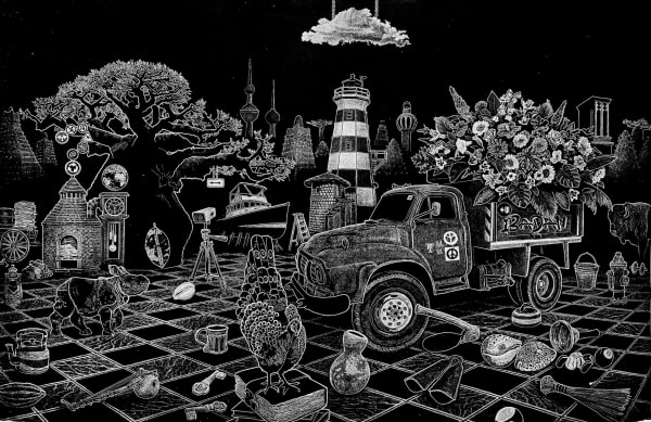 'Contradictions' a large scale lino-cut print by the artist and sculptor Ade Adesina. It's a monochrome work filled with potent imagery representative of the artist's life in Nigeria and his present life in Aberdeen. There is a large truck prominently pos