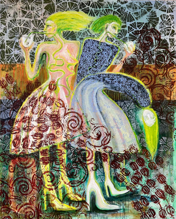 A painting by the contemporary artist Rebecca Swainston. Two female figures stand next to one another appearing to drink through long straws from a glass. A third figure of a woman is standing in front, bent over with her long hair hanging from her head.