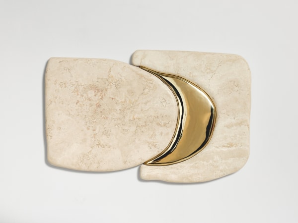Cocooning (Slab Work), 2023 white travertine, polished bronze and plywood support 45cm x 71cm x 4cm (18" x 28" x 2")