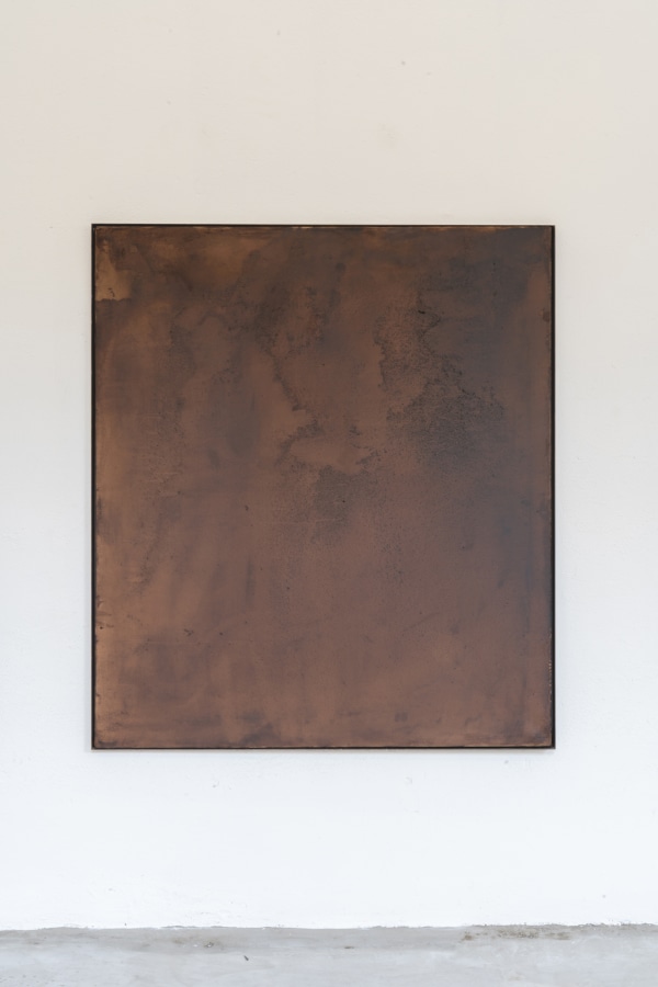 I want to carve it deep in every tree, 2020 - 2023 tea, mordente and acrylic spray on Belgian linen canvas, iron framed 160cm x 140cm (63" x 55")