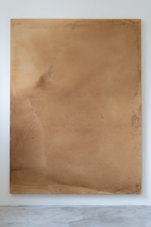 Not all who wander are lost, 2023 tea, mordente, charcoal and acrylic spray on cotton canvas on wood panel 280cm x 210cm (110" x 83")