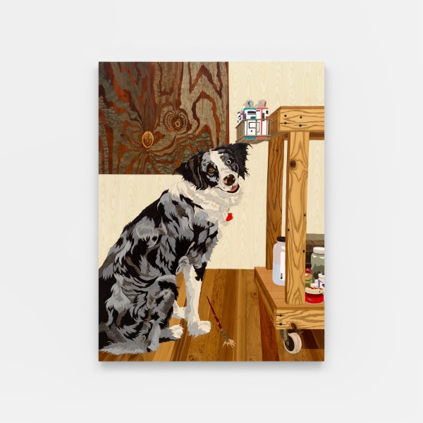 Alison Elizabeth Taylor A Cat Person's Studio Dog2024 Marquetry hybrid on panel 56 x 42 in. (142.2 x 106.7 cm)