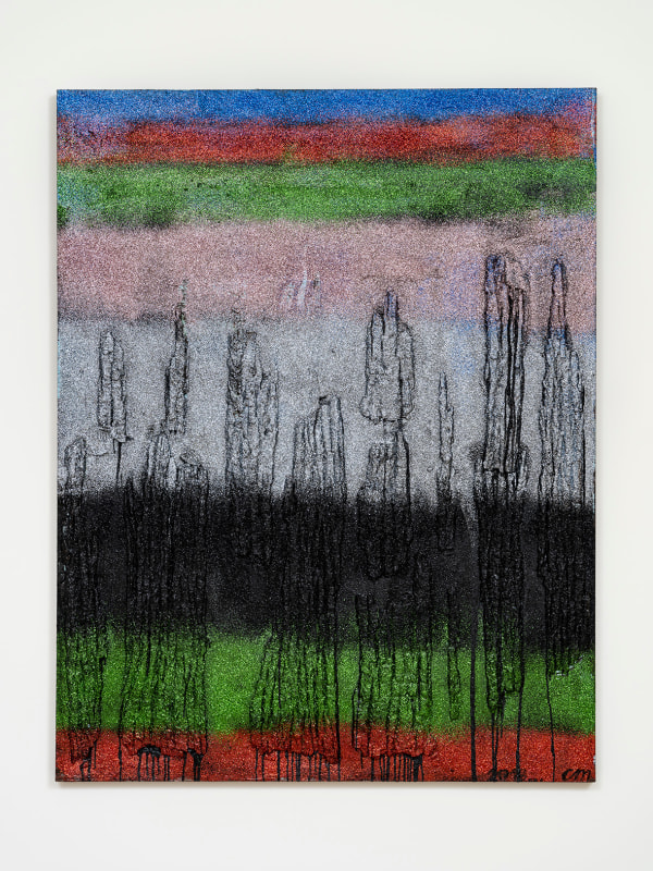 Chris Martin Light in the Forest2017 - 2018 Acrylic, Oil, Glitter and collage (bark) 77 x 60 in. / 195.6 x 152.4 cm