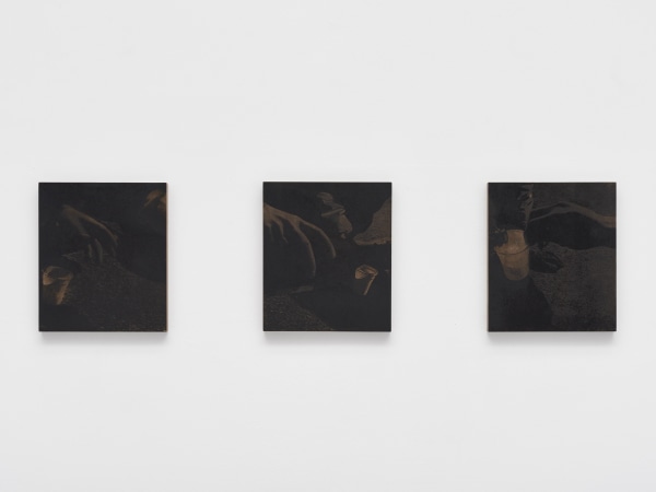 Olu Ogunnaike 17:14_26 December 20202021 Charcoal silkscreen on board 3 parts, each: 9 1/2 x 11 1/8 x 3/4 in. / 24 x 28 x 1.8 cm