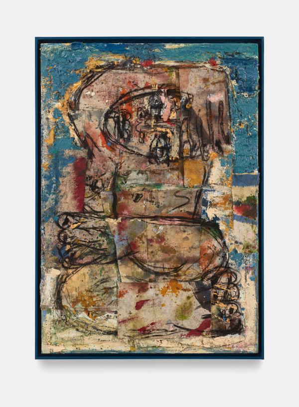 Daniel Crews-Chubb Acrobat (petrol blue)2020 Oil, oil pastel, charcoal, ink, spray paint, sand, coarse pumice gel and collaged fabrics on canvas in artist’s frame 41 x 29 ⅛ x ¾ in. (104 x 74 x 2 cm)