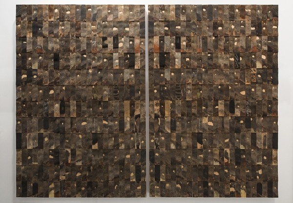 Gabriel de la Mora 576 - I / Pi2016 288 used pairs of leather shoe soles on wood (Diptych) Each: 70 ⅞ x 47 ¼ x 3 ⅓ in. (180 x 120 x 6 cm) Overall: 70 ⅞ x 94 ½ x 3 ⅓ in. (180 x 240 x 6 cm)